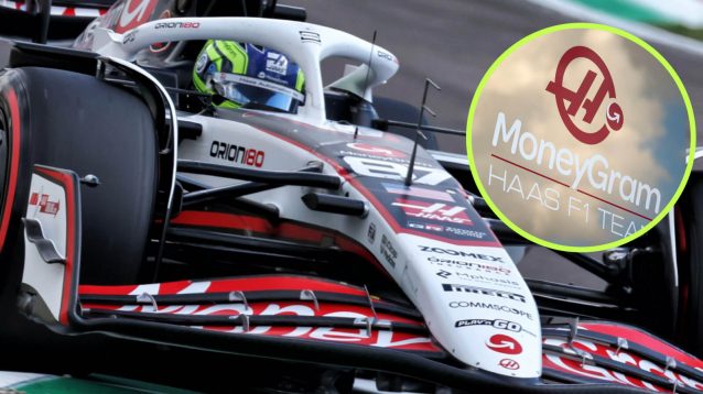Oliver Bearman and the Haas logo