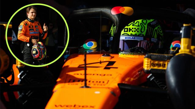 Oscar Piastri celebrates pole position, Lando Norris in the car