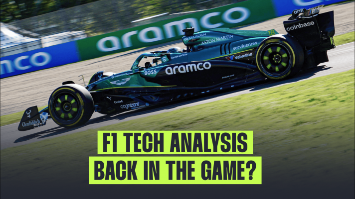 An action shot of Lance Stroll's Aston Martin on track at Imola with a PlanetF1.com banner reading: 'F1 tech analysis: Back in the game?'