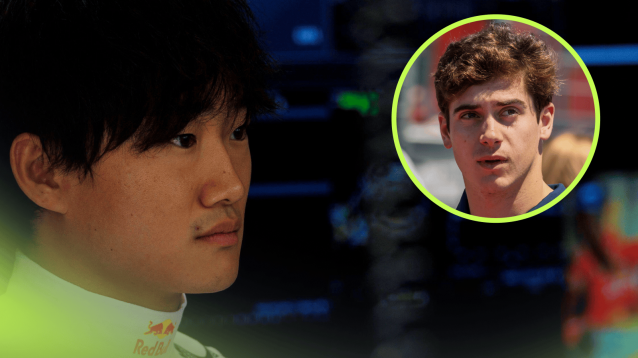 Yuki Tsunoda looks thoughtful with an inset of Franco Colapinto