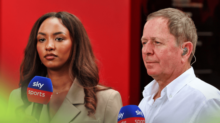 Naomi Schiff and Martin Brundle stood together during a Sky F1 broadcast