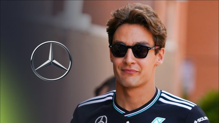 George Russell and the Mercedes logo