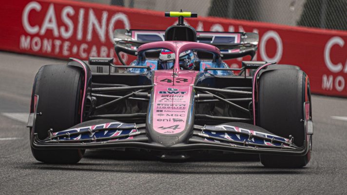 Franco Colapinto races towards the camera in his Alpine during practice for the Monaco Grand Prix.