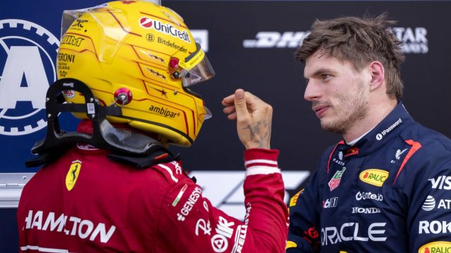 Lewis Hamilton and Max Verstappen in discussion after qualifying for the 2025 Monaco Grand Prix