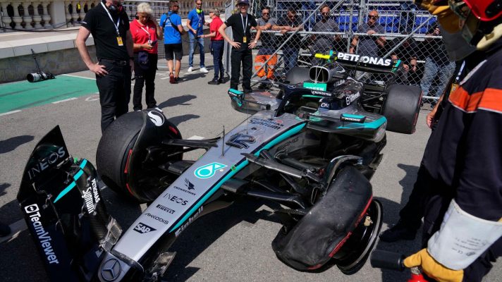 Marshals inspect the car of Mercedes driver Andrea Kimi Antonelli of Italy after a crash during the qualifying session ahead of the Formula One Monaco Grand Prix.