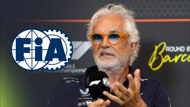 The FIA logo and Flavio Briatore