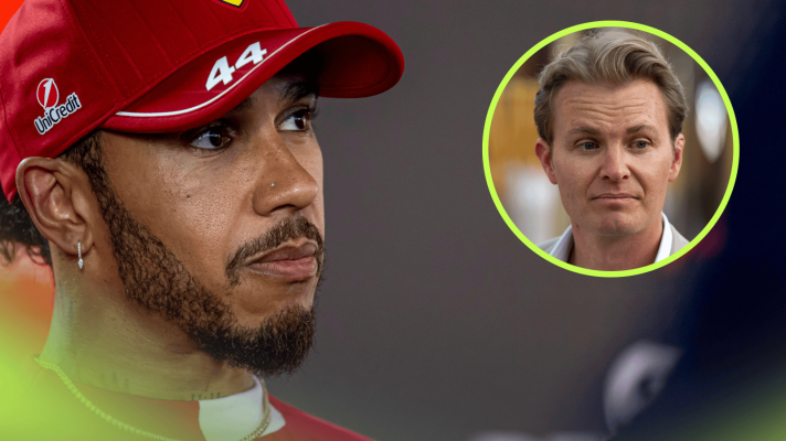 Lewis Hamilton looking into the distance with an inset of Nico Rosberg alongside him