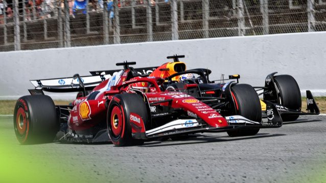 Max Verstappen and Charles Leclerc battle at the 2025 Spanish Grand Prix