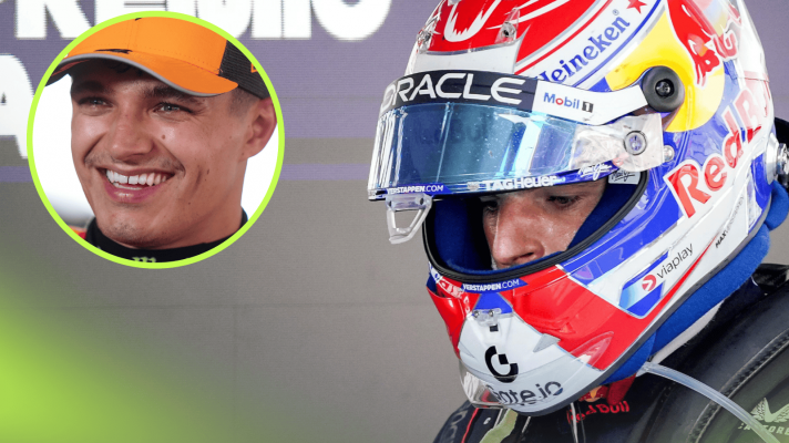 Max Verstappen looks angry with his visor open with an inset of Lando Norris laughing