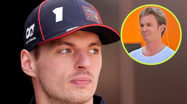 Max Verstappen pictured at the 2025 Spanish Grand Prix, as Nico Rosberg looks his way from a circle on the right
