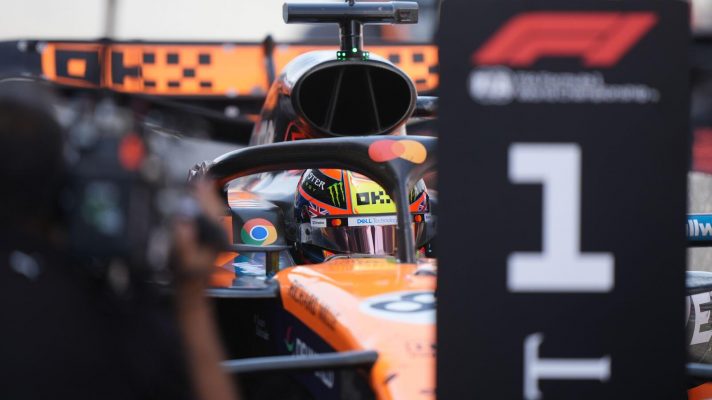 Oscar Piastri celebrates finishing first in the race at the Circuit de Barcelona-Catalunya