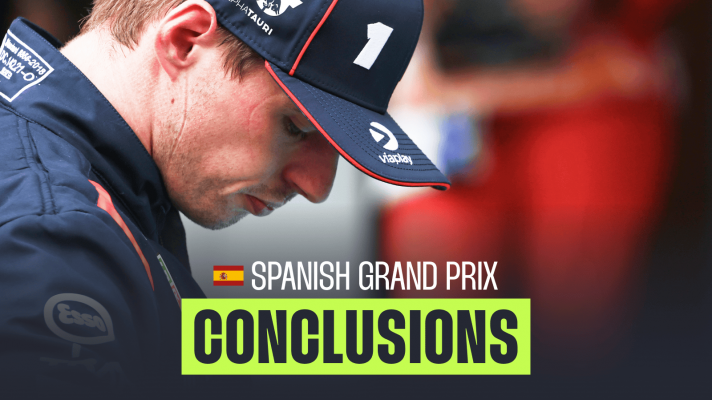 A side-profile shot of Max Verstappen looking down with a PlanetF1.com conclusions banner positioned centre-bottom