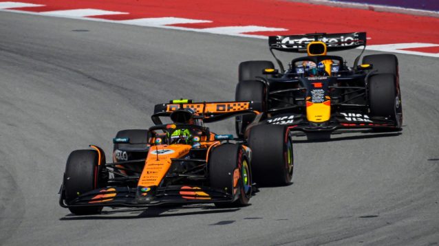 Max Verstappen pursues Lando Norris during the Spanish Grand Prix.