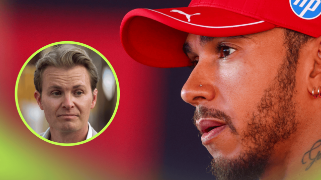A close-up shot of Lewis Hamilton looking emotional with an inset of Nico Rosberg