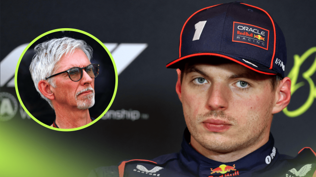 Max Verstappen looks on in a press conference with an inset of Damon Hill alongside him