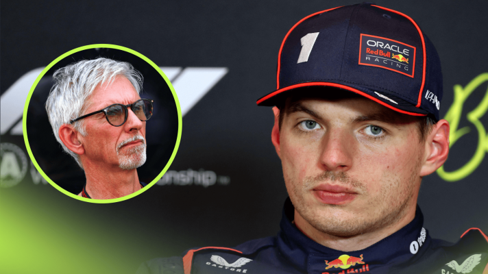 Max Verstappen looks on in a press conference with an inset of Damon Hill alongside him