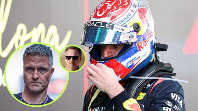 Max Verstappen with his helmet on after the 2025 Spanish Grand Prix, with Ralf Schumacher in a circle and Christian Horner in a smaller circle to his left