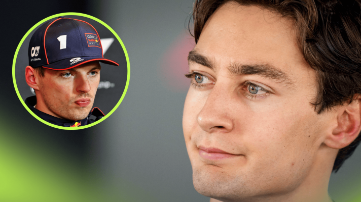 A close-up shot of George Russell with an inset of Max Verstappen alongside him