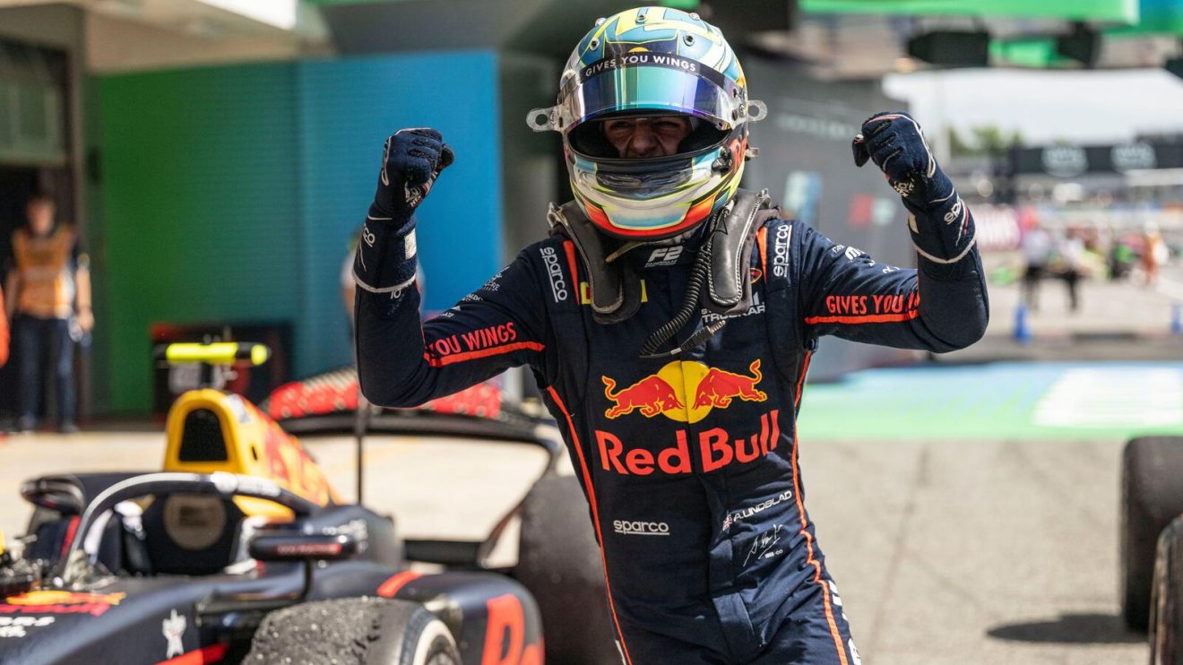 Arvid Lindblad celebrates during the Spanish round of the F2 Championship.