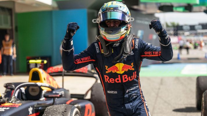 Arvid Lindblad celebrates during the Spanish round of the F2 Championship.