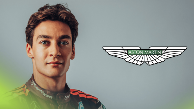 A studio shot of George Russell with a prominent Aston Martin logo alongside him