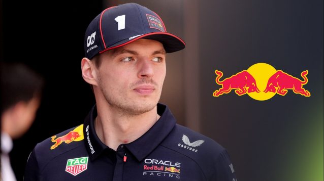 Red Bull's Max Verstappen looking right of screen with a Red Bull logo to his right