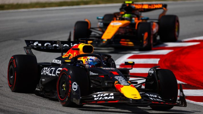 Max Verstappen leads McLaren's Lando Norris on track during the Spanish Grand Prix.