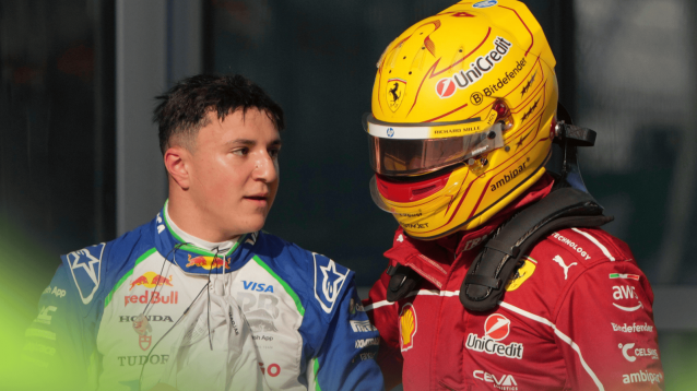 Isack Hadjar and Lewis Hamilton pictured together in parc ferme after qualifying in China