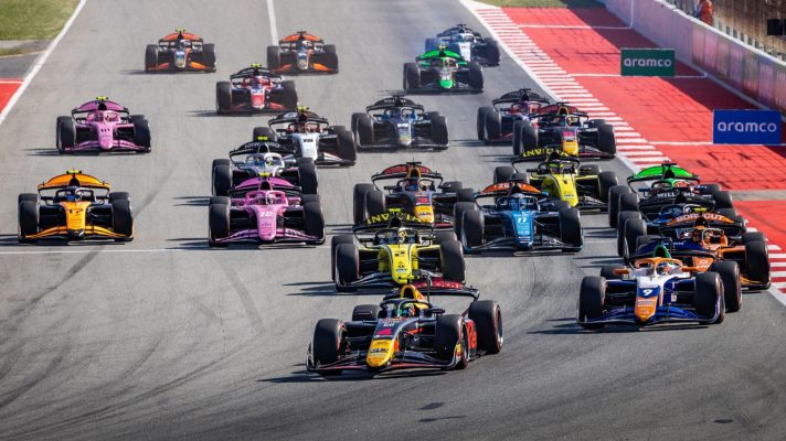 The Formula 2 field races towards the first corner in Spain.