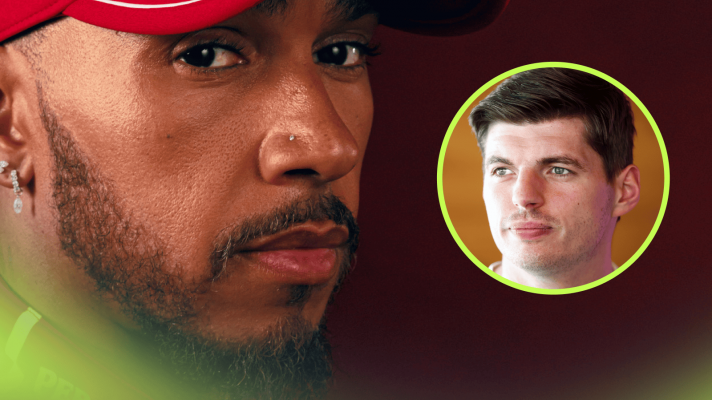 A close-up shot of Lewis Hamilton with an inset of Max Verstappen