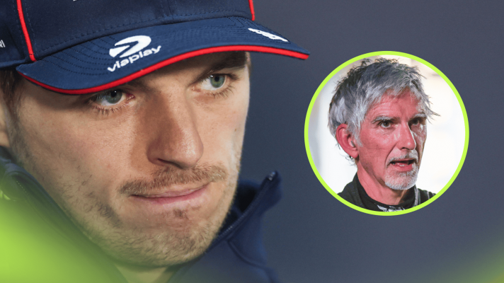 Max Verstappen bites his lip in a press conference with an inset of Damon Hill alongside him