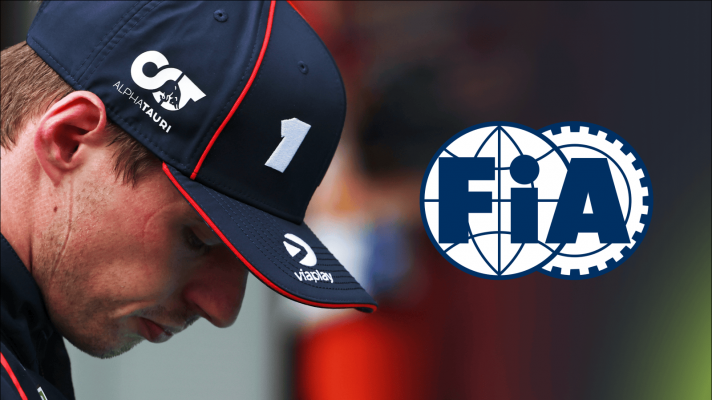 Max Verstappen with his head bowed and a prominent FIA logo alongside him