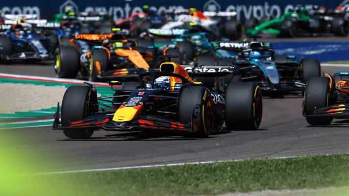 Max Verstappem takes the lead at the start at Imola as the field slot in behind him
