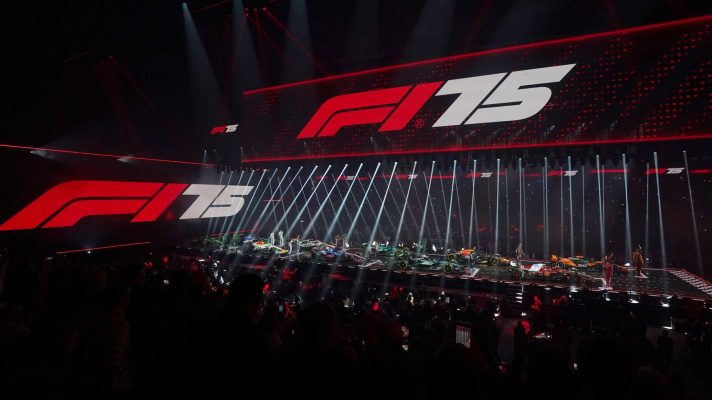 All 10 teams and their drivers line up with their 2025 season liveries during the F1 75 Live launch event at The O2, London