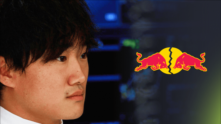 A close-up shot of Yuki Tsunoda with a cracked Red Bull logo alongside him