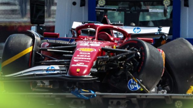 Charles Leclerc's Ferrari driven away after crashing out of FP1 at the 2025 Canadian Grand Prix