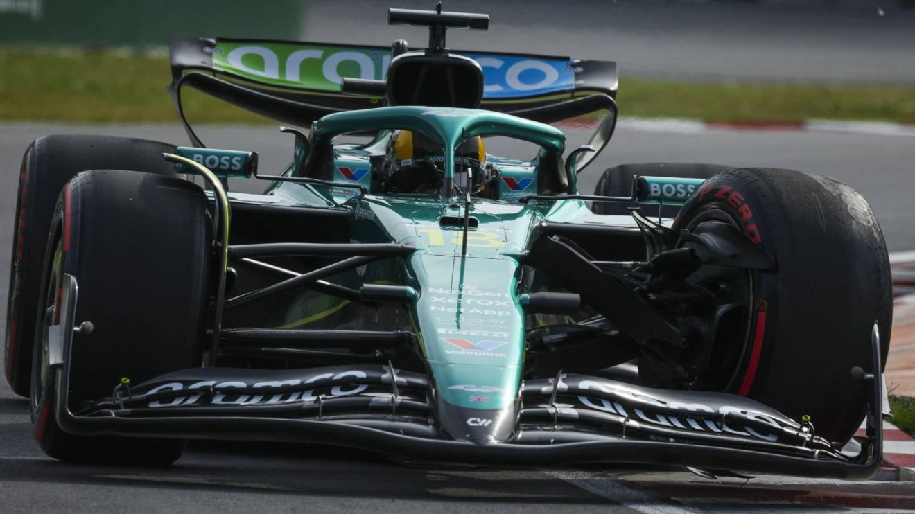 Aston Martin's Lance Stroll with front-left damage after hitting the wall in FP2 at the 2025 Canadian Grand Prix