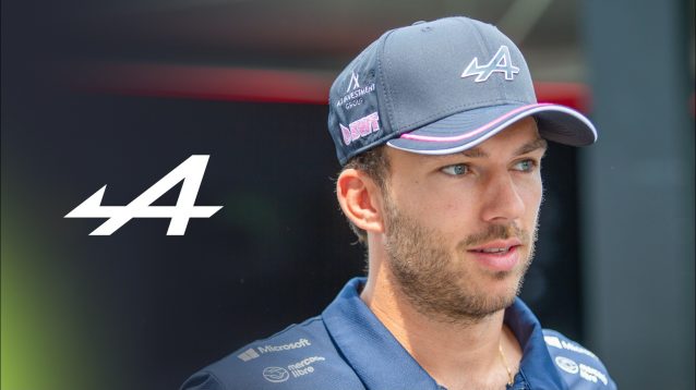 The Alpine logo and Pierre Gasly