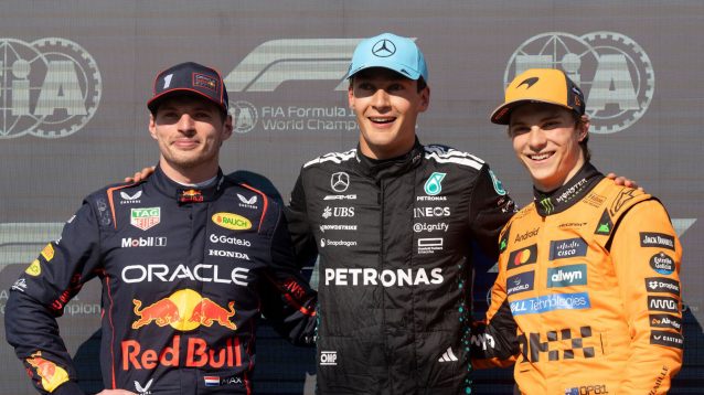 Max Verstappen, George Russell and Oscar Piastri line up after qualifying
