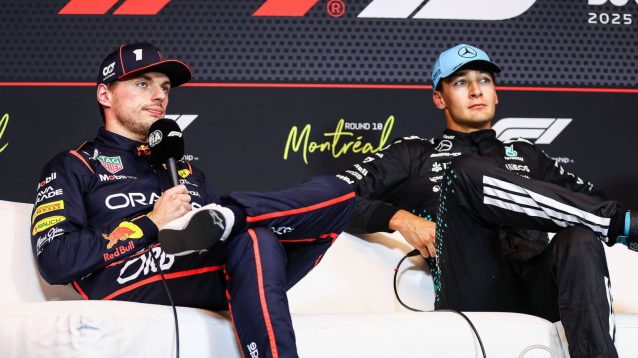 Max Verstappen and George Russell attend a press conference