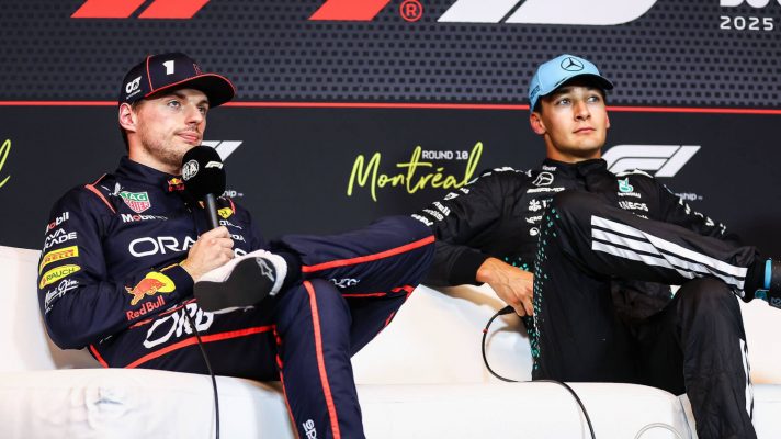 Max Verstappen and George Russell attend a press conference