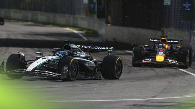 Mercedes' George Russell and Max Verstappen battle in the 2025 Canadian Grand Prix.