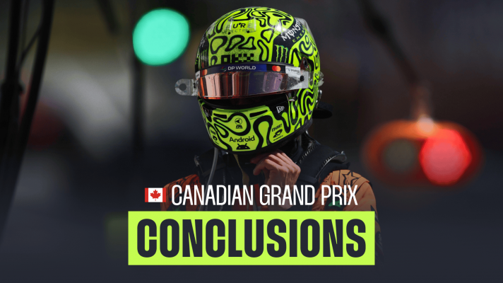 Lando Norris returns to the pit lane with his helmet still on with a PlanetF1.com conclusions banner positioned centre-bottom