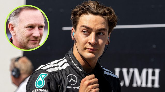 Mercedes' George Russell pictured after the 2025 Canadian Grand Prix, as Red Bull boss Christian Horner looks his way from a circle on the left