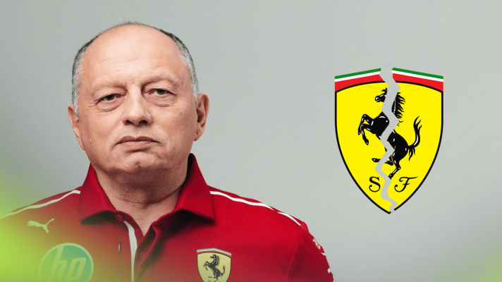 A studio shot of Fred Vasseur with a cracked Ferrari logo alongside him