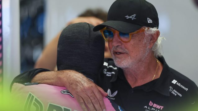 Flavio Briatore hugs Franco Colapinto in the Alpine garage at the 2025 Emilia Romagna Grand Prix