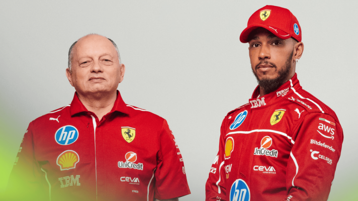 Fred Vasseur and Lewis Hamilton stand together for a Ferrari promotional shot