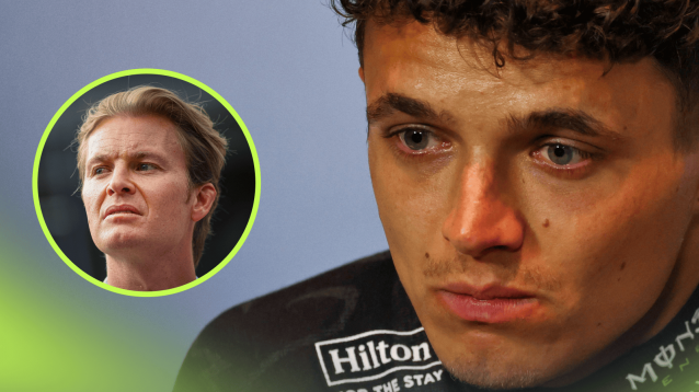 A close-up shot of Lando Norris looking on blankly in a press conference with an inset of Nico Rosberg