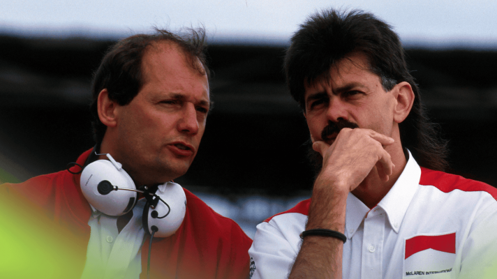 Ron Dennis and Gordon Murray in conversation at trackside in 1987