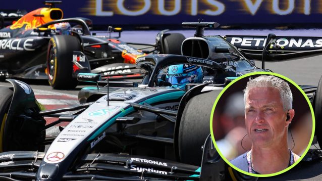 Max Verstappen racing George Russell, Ralf Schumacher in the circle